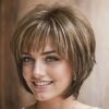Peluca corta estilo bob de aspecto natural para mujer con flequillo - Cabello sintético resistente al calor apto para tonos de piel, peluca completa lisa y en capas para uso diario, trabajo, citas | Volumen instantáneo y mantenimiento, apta para varios peinados